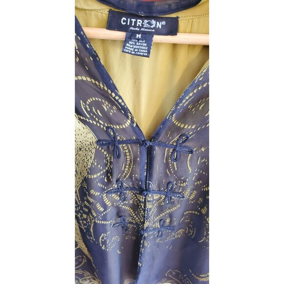Citron Sheer Black Yellow Bohemian Silk Blend Peacock Print Blouse Medium Luxury - Picture 3 of 3